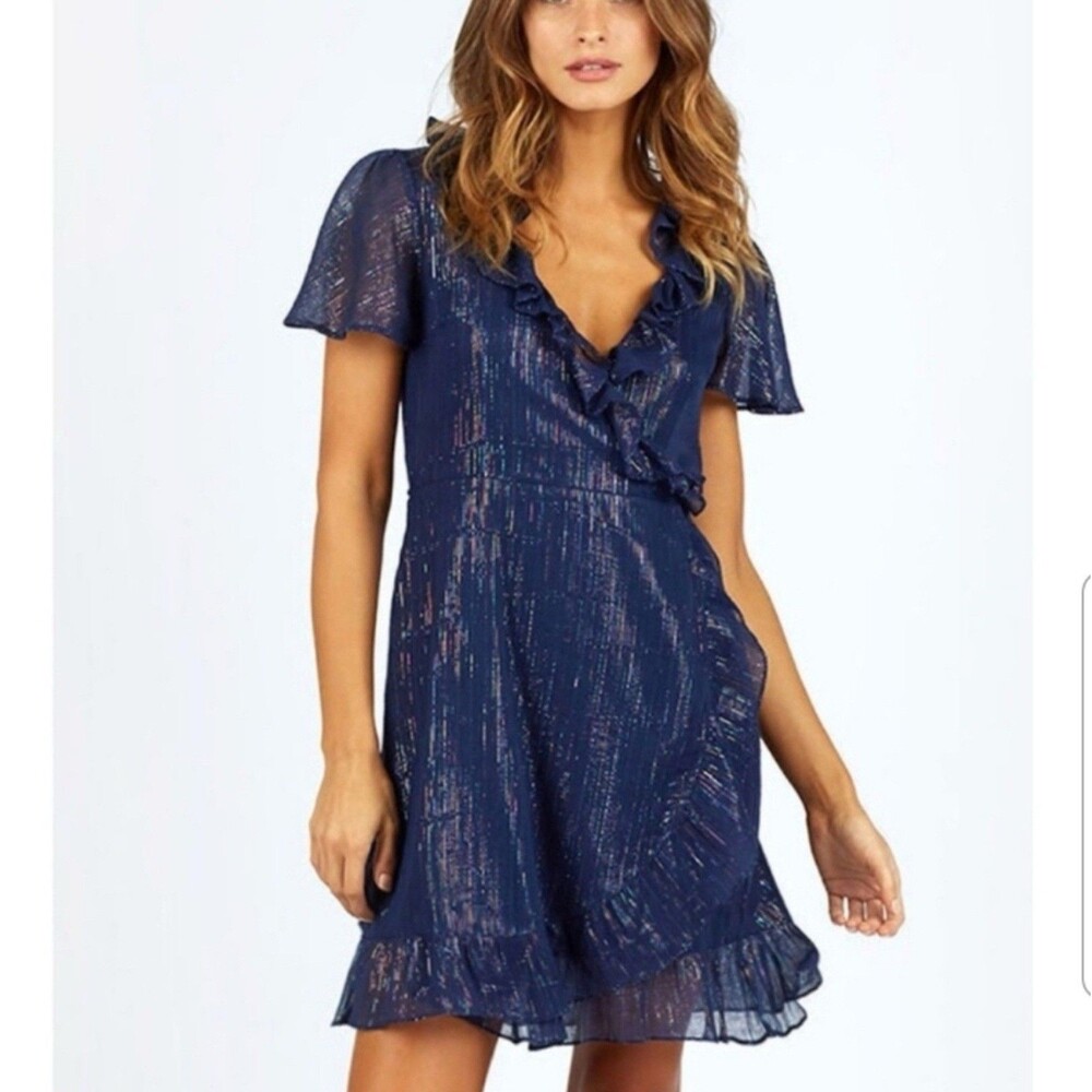 Cleobella Rocky Barnes Navy Metallic Wrap Mini Dress Ruffle Size M NWT